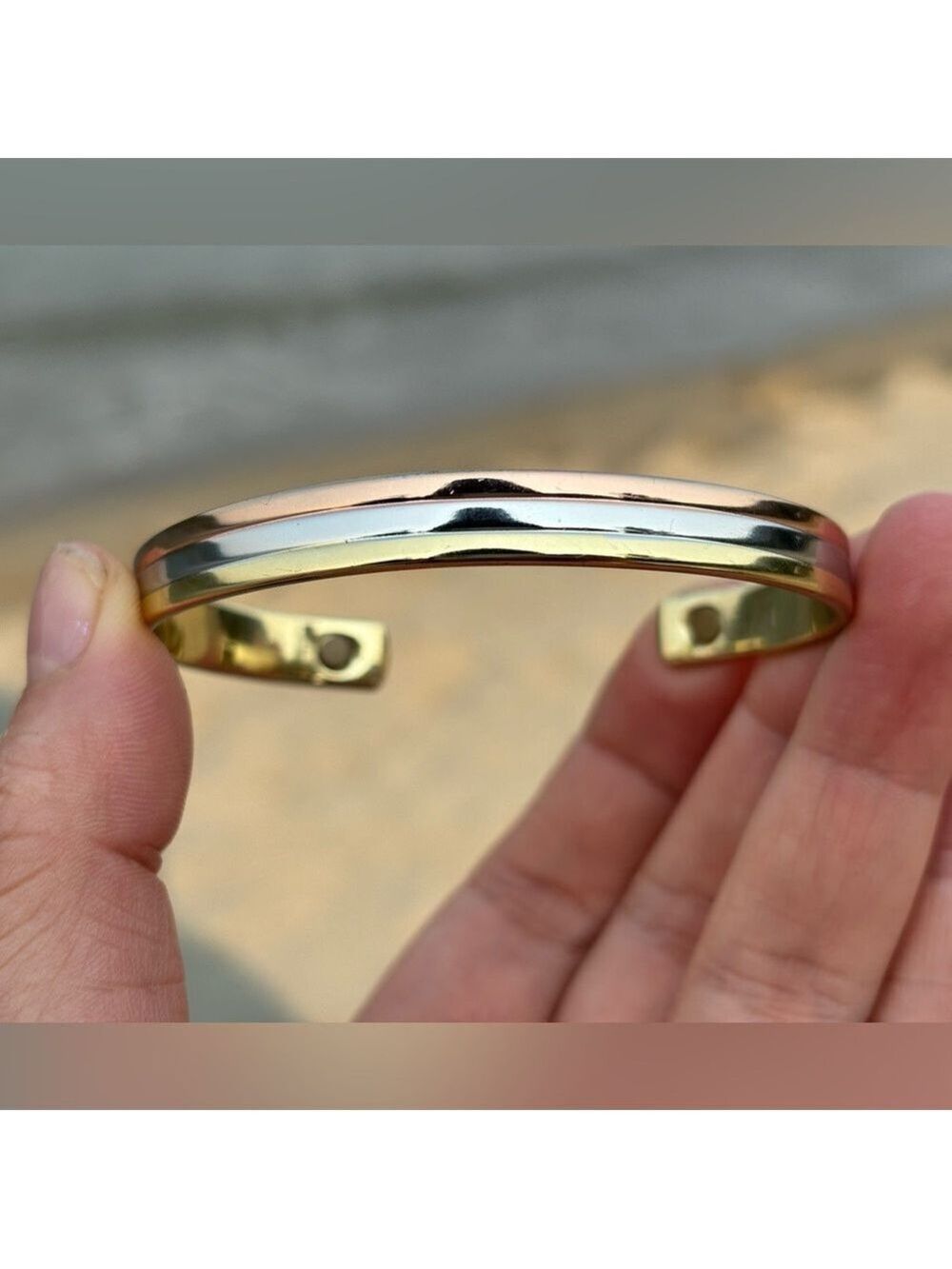 VINTAGE Tri Tone Retro Cuff Bracelet w/ Magnets Adjustable Gold Silver Brass